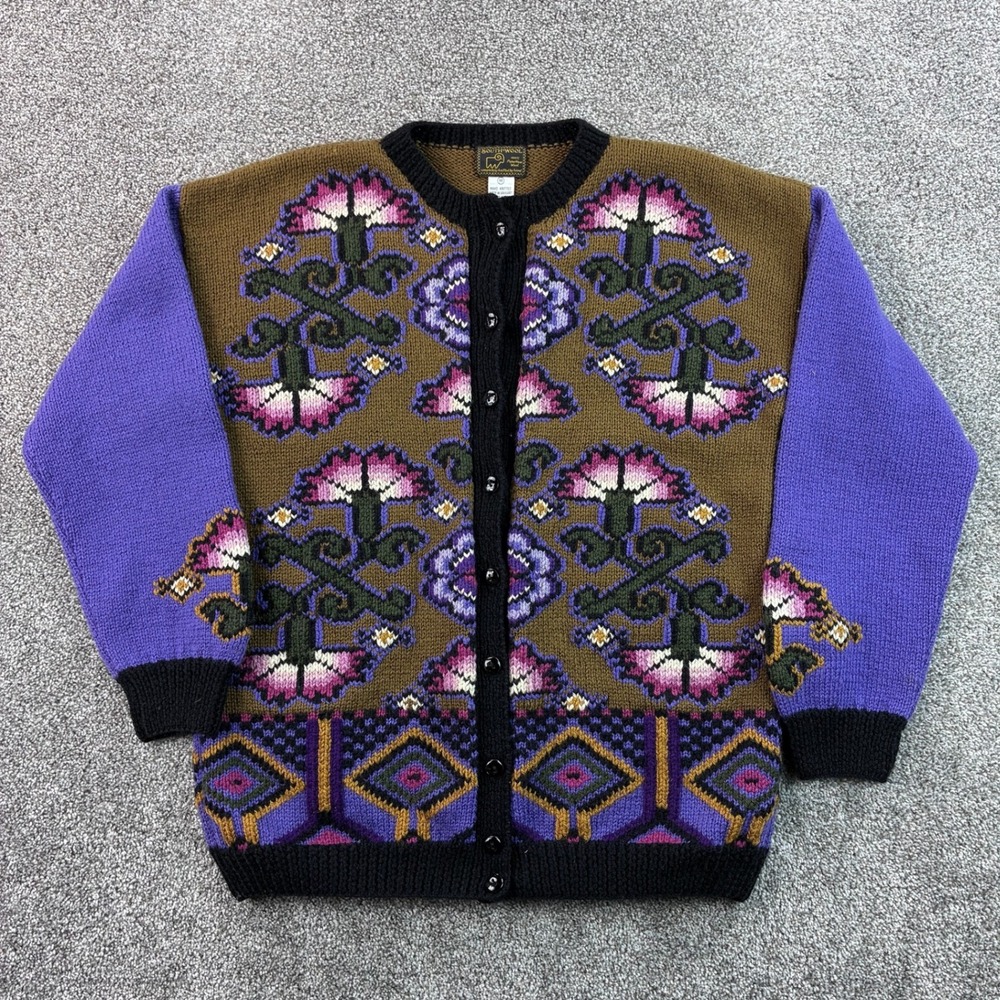 South Wool Cardigan Sweater Women's Medium Purple Floral Wool Hand Knitted